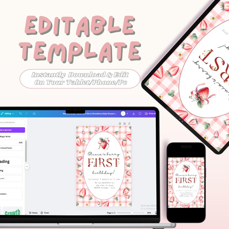 May include: Editable template for a first birthday party invitation with a pink and white gingham background and a strawberry design. The text on the invitation says "Olivia's Berry First Birthday!"