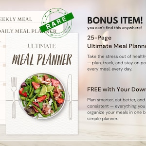 May include: An Ultimate Meal Planner with a plate of salad, a fork, and a knife. The planner includes a weekly and daily meal plan. The text on the planner says "Ultimate Meal Planner". There is a "Rare" stamp on the top right.