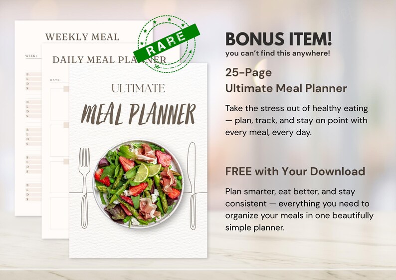 May include: An Ultimate Meal Planner with a plate of salad, a fork, and a knife. The planner includes a weekly and daily meal plan. The text on the planner says "Ultimate Meal Planner". There is a "Rare" stamp on the top right.