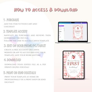May include: Instructions on how to access and download a printable digital template for a first birthday party invitation. The template features a pink and white gingham pattern with strawberries and the text "Olivia's Berry First Birthday!"