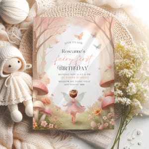 Fairy first Birthday Invite for girls birthday fairy invitation editable, girl 1st birthday invite, fairie first, Enchanted Forest Invites