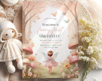 Fairy first Birthday Invite for girls birthday fairy invitation editable, girl 1st birthday invite, fairie first, Enchanted Forest Invites