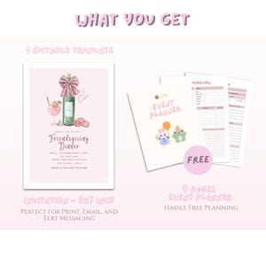 May include: Pink Friendsgiving dinner invitation template, 5x7 inches, with a watercolor illustration of a bottle, cocktail, and fruit. Includes a free 9-page event planner with cute illustrations.