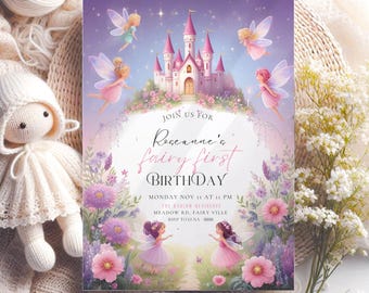 Fairy first Birthday Invite for girls birthday fairy invitation editable, girl 1st birthday invite, fairie first, Enchanted Forest Invites