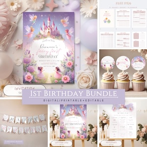 fairy first birthday party bundle first birthday invitation editable fairy 1st birthday girl 1st birthday invitation pink fairy garden