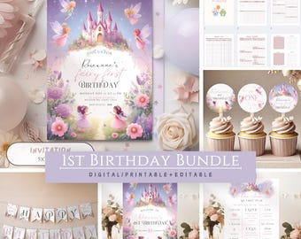 May include: A printable 1st birthday party bundle featuring a fairy theme. The bundle includes a welcome sign, invitation, banner, cupcake toppers, and a milestone chart. The design features a pink castle, fairies, and flowers.
