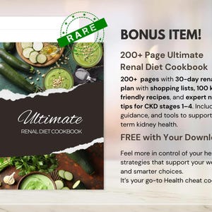 May include: An image of the "Ultimate Renal Diet Cookbook" is displayed. The cover has a dark brown background with the title in script. The cookbook contains over 200 pages with meal plans, recipes, and nutrition tips. A green "RARE" stamp is visible.