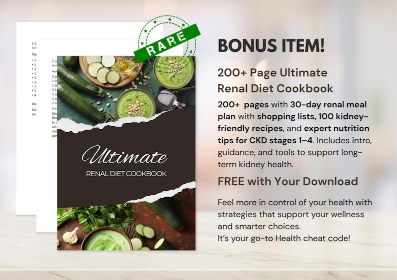 May include: An image of the "Ultimate Renal Diet Cookbook" is displayed. The cover has a dark brown background with the title in script. The cookbook contains over 200 pages with meal plans, recipes, and nutrition tips. A green "RARE" stamp is visible.