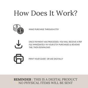 May include: White graphic with the text "How Does It Work?" and instructions for purchasing and downloading a digital product from Etsy. Includes icons of money, a download arrow, and a printer. The bottom of the graphic reads "Reminder: This is a digital product. No physical items will be sent."