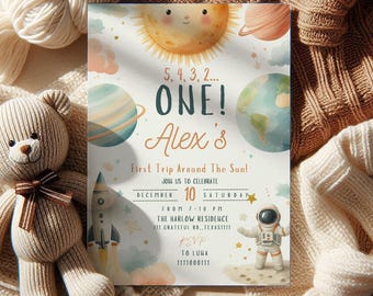 First Trip Around the Sun Birthday Invite Boy, space 1st birthday invitation, outerspace invitation, astronaut invite, galaxy invite