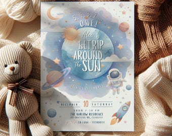 First Trip Around the Sun Birthday Invite Boy, space 1st birthday invitation, outerspace invitation, astronaut invite, galaxy invite
