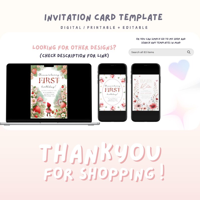 May include: Three digital printable invitation card templates for a first birthday party. The first card features a red-haired girl in a red dress and a red hooded cape walking through a forest with strawberries and mushrooms. The second card features a pink and green floral design with the text "First Birthday". The third card features a pink and green floral design with the text "Baby Bloom".
