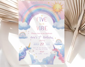 Unicorn 5th Birthday Invitation, Rainbow Unicorn Birthday Invitation, Pastel Rainbow Birthday Invite, Pastel Unicorn Invitation Printable