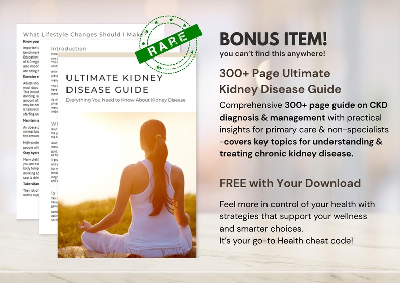 May include: A book titled "ULTIMATE KIDNEY DISEASE GUIDE" with the text "Everything You Need to Know About Kidney Disease." A woman is meditating in front of a sunset. The book also includes a "BONUS ITEM!" and a "FREE with Your Download" offer.