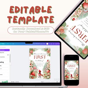 May include: Editable template for a first birthday party invitation. The invitation features a cartoon illustration of a girl in a red hooded dress picking strawberries in a field of flowers. The text on the invitation reads "Olivia's Berry First Birthday!"