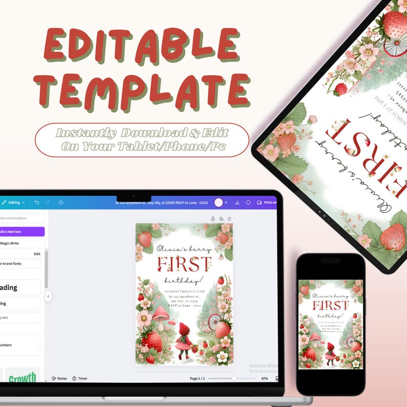 May include: Editable template for a first birthday party invitation. The invitation features a cartoon illustration of a girl in a red hooded dress picking strawberries in a field of flowers. The text on the invitation reads "Olivia's Berry First Birthday!"