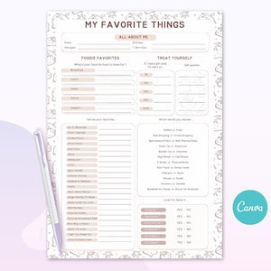 Lieblings Dinge Liste, Mitarbeiter Favoriten Liste, Lehrer Favoriten Liste, Lieblings Dinge Fragebogen, Lehrer Wunschliste, Alles über mich