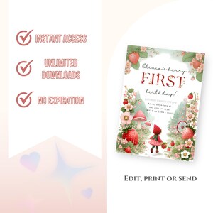 May include: A printable invitation for a first birthday party with a strawberry theme. The invitation features a girl in a red hooded dress walking through a forest with strawberries, mushrooms, and flowers. The text on the invitation reads "Olivia's berry FIRST birthday!" and includes the date, time, and location of the party.