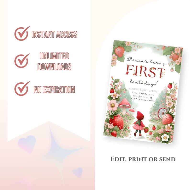 May include: A printable invitation for a first birthday party with a strawberry theme. The invitation features a girl in a red hooded dress walking through a forest with strawberries, mushrooms, and flowers. The text on the invitation reads "Olivia's berry FIRST birthday!" and includes the date, time, and location of the party.