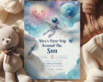 Invito di compleanno per ragazzo "Primo viaggio intorno al sole", invito per il primo compleanno nello spazio, invito nello spazio, invito per astronauta, invito per la galassia