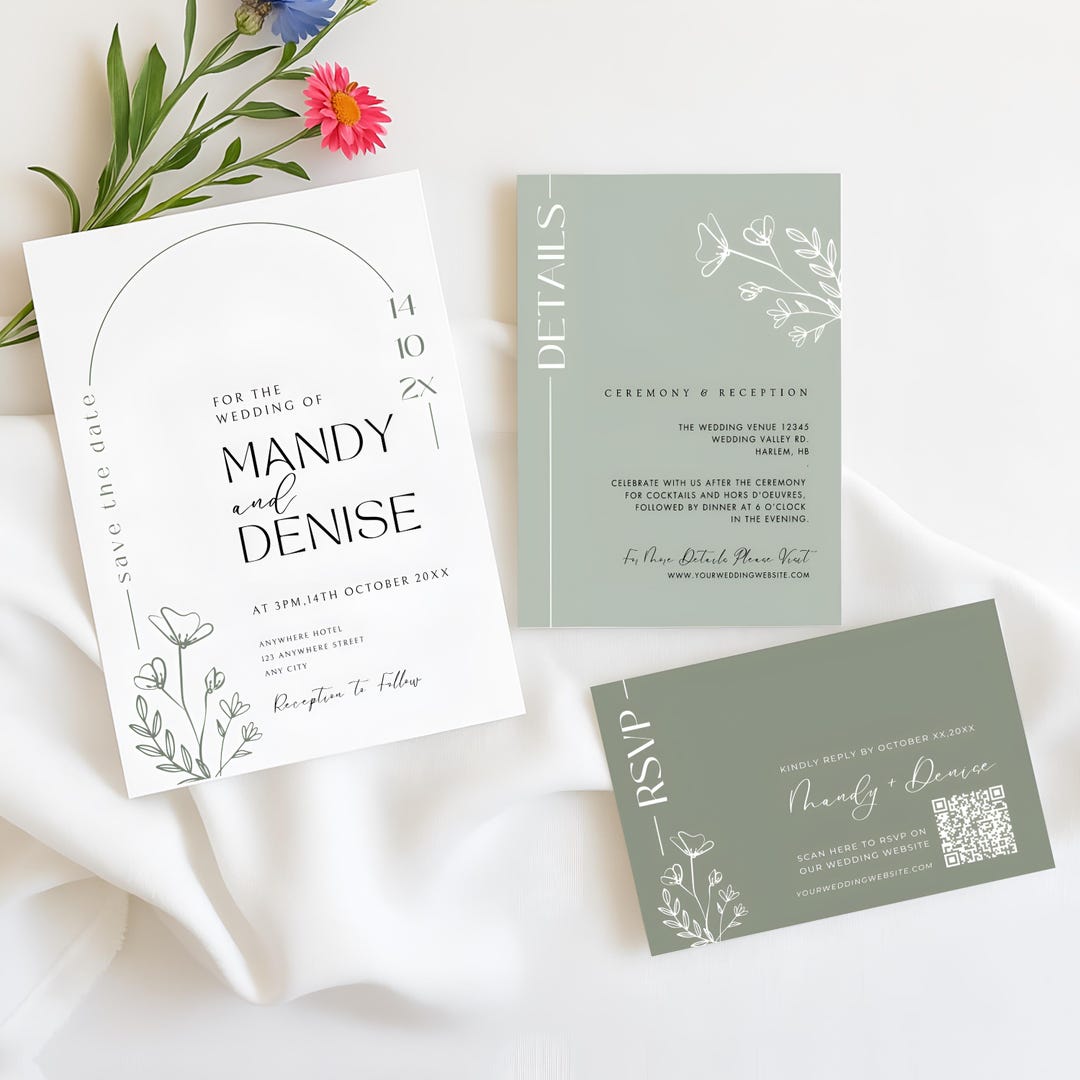 Sage Green Wedding Invitation Minimalist Wedding Invitation Modern ...