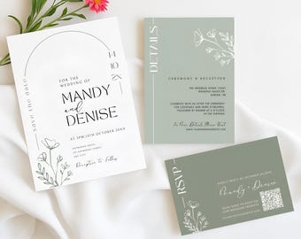 Sage Green Wedding Invitation Minimalist Wedding Invitation Modern Wedding Invitation Elegant Wedding Invite Suite Canva Template Editable