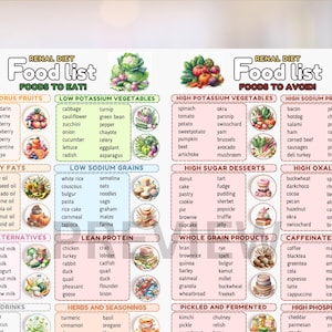 May include: A detailed food list for a renal diet, split into foods to eat and avoid. It features sections on fruits, vegetables, grains, proteins, and dairy, each with illustrations. The text is clear and well-organised, with measurements in metric.