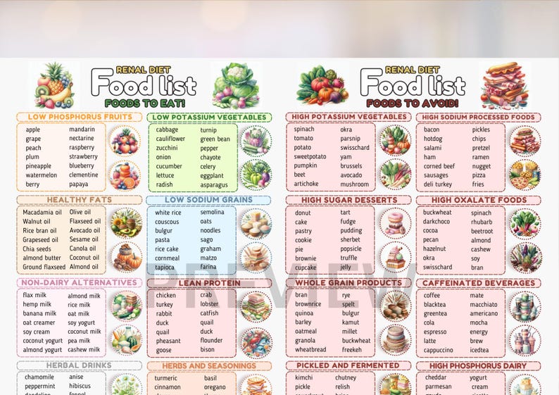 May include: A detailed food list for a renal diet, split into foods to eat and avoid. It features sections on fruits, vegetables, grains, proteins, and dairy, each with illustrations. The text is clear and well-organised, with measurements in metric.
