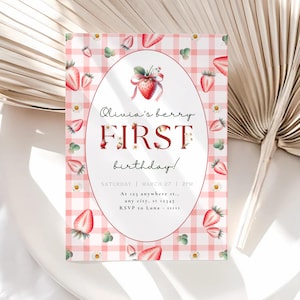 Berry First Birthday Invitation Cute Strawberry Birthday Invites 1st Birthday Girl First Birthday Pink Birthday Invites For Kids Party image 1