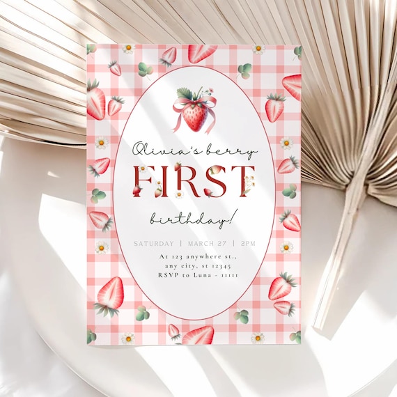 Berry First Birthday Invitation Cute Strawberry Birthday Invites 1st Birthday Girl First Birthday Pink Birthday Invites For Kids Party