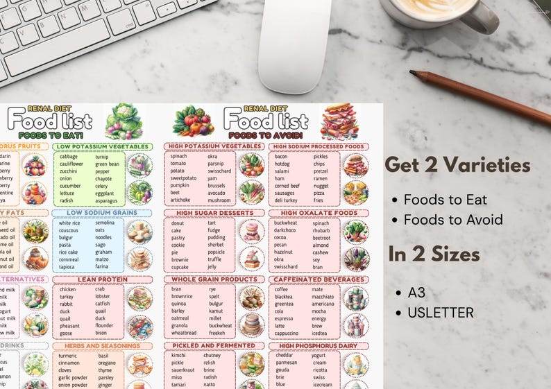 May include: A colourful food list chart with the headings "Foods to Eat" and "Foods to Avoid". The chart includes lists of fruits, vegetables, grains, proteins, and beverages. The text "Get 2 Varieties" and "In 2 Sizes" is also visible.