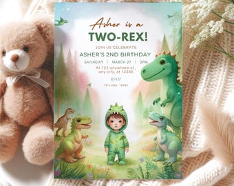 Convite para Festa de Aniversário de 2 Anos com Tema de Dinossauros | Convite Editável para Festa de Aniversário de Menino | Festa de Aniversário com Tema de T-Rex | Dino Two Rex
