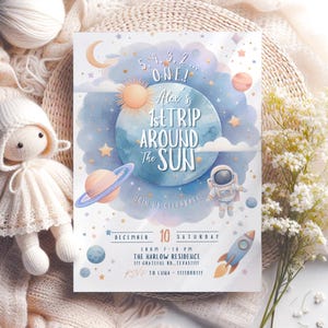 First Trip Around the Sun Birthday Invite Boy, space 1st birthday invitation, outerspace invitation, astronaut invite, galaxy invite