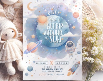 First Trip Around the Sun Birthday Invite Boy, space 1st birthday invitation, outerspace invitation, astronaut invite, galaxy invite