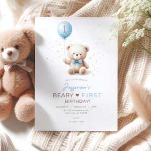 Beary First Birthday Invitation Bear Birthday Invitation Birthday Teddy Bear Boy 1st Birthday Invitation Bear Balloon Invitation