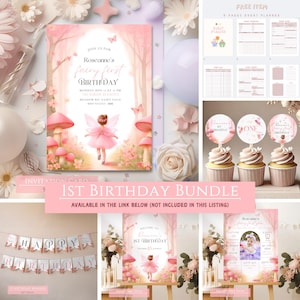 Fairy First Birthday Party Bundle First Birthday Invitation Editable Fairy 1st Birthday Girl 1st Birthday Invitation Pink Fairy Garden