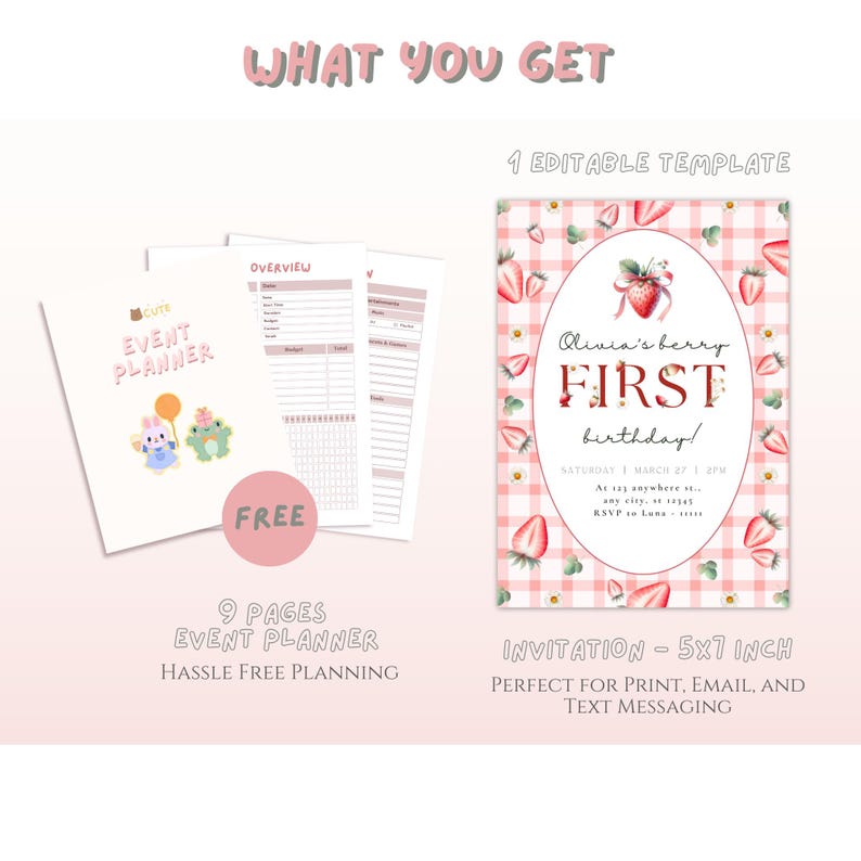 May include: A printable invitation template for a first birthday party with a strawberry theme. The invitation features a pink and white gingham pattern with strawberries and flowers. The text on the invitation reads "Olivia's berry FIRST birthday!" and includes the date, time, and location of the party. The invitation is 5x7 inches and is perfect for printing, emailing, or texting.