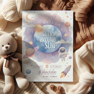 First Trip Around the Sun Birthday Invite Girl, Space 1st Birthday Invitation, Outerspace Invitation, Astronaut Invite, Galaxy Invite