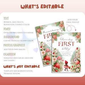 May include: Editable invitation template for a first birthday party with a strawberry theme. The invitation features a girl in a red hooded dress walking through a forest with strawberries, mushrooms, and a bicycle. The text on the invitation reads "Olivia's berry first birthday!"