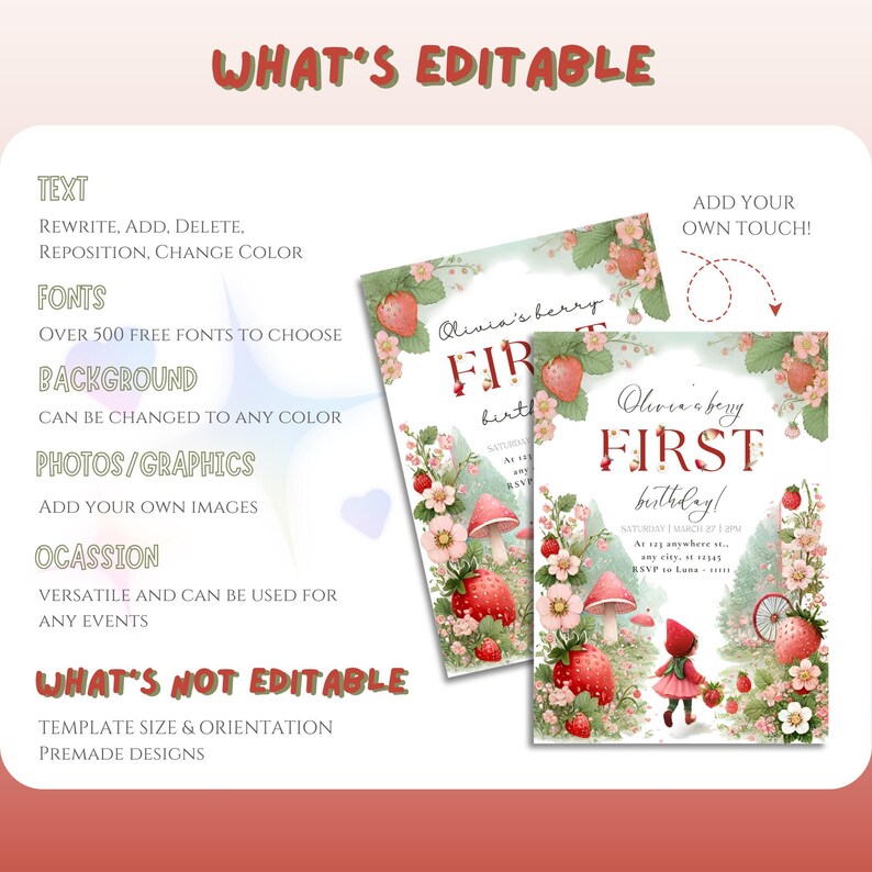 May include: Editable invitation template for a first birthday party with a strawberry theme. The invitation features a girl in a red hooded dress walking through a forest with strawberries, mushrooms, and a bicycle. The text on the invitation reads "Olivia's berry first birthday!"