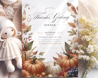 thanksgiving invitation friendsgiving invite, editable thanksgiving dinner invite, boho thanksgiving invitation, autumn party invite