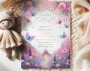 Invitación de primer cumpleaños de mariposa Invitación de mariposa rosa Invitaciones de primer cumpleaños Invitaciones de cumpleaños de hadas Invitación de cumpleaños de niña