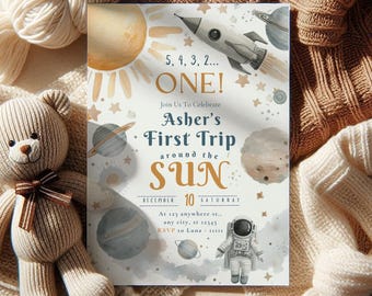 First Trip Around the Sun Birthday Invite Boy, space 1st birthday invitation, outerspace invitation, astronaut invite, galaxy invite