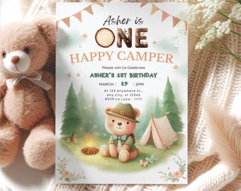 Zaproszenie na pierwsze urodziny „One Happy Camper” Zaproszenie na pierwsze urodziny chłopca „Zaproszenie na urodziny kempingowe” Zaproszenie na urodziny w lesie Zaproszenie na urodziny w lesie