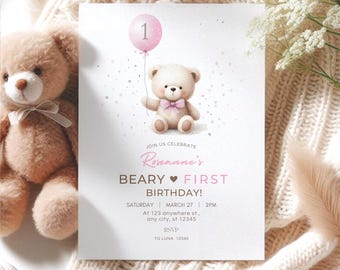Beary First Birthday Invitation Bear Birthday Invitation Birthday Teddy Bear Girl 1st Birthday Invitation Bear Balloon Invitation