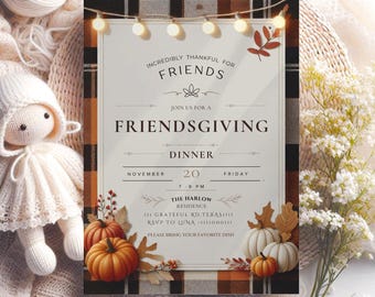 Flannel Friends Giving Invite, Editable Friendsgiving Invitation Thanksgiving Invite, Boho Friendsgiving Invitation, Autumn party invite
