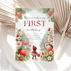 Berry First Birthday Invitation Cute Strawberry Birthday Invites 1st Birthday Girl First Birthday Pink Birthday Invites For Kids Party image 1
