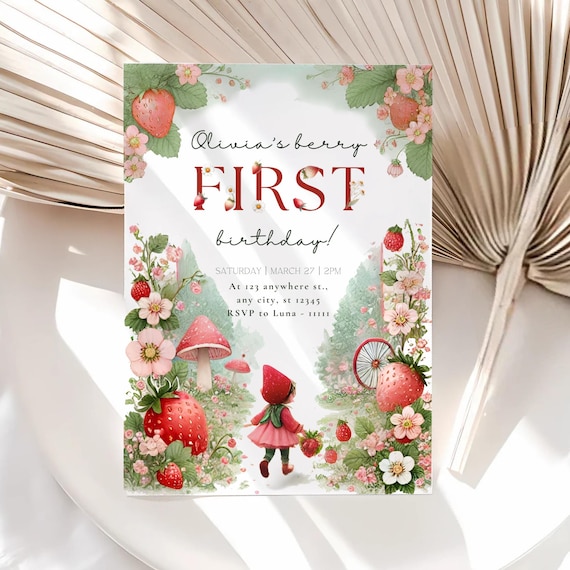 Berry First Birthday Invitation Cute Strawberry Birthday Invites 1st Birthday Girl First Birthday Pink Birthday Invites For Kids Party