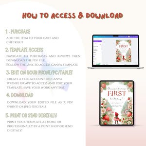 May include: A digital download guide for a printable invitation template. The template features a red-haired girl in a red hooded dress with a strawberry design. The text on the invitation reads "Ainia's berry first birthday!"