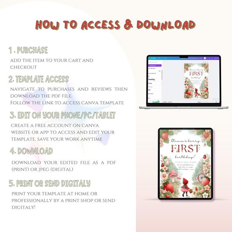 May include: A digital download guide for a printable invitation template. The template features a red-haired girl in a red hooded dress with a strawberry design. The text on the invitation reads "Ainia's berry first birthday!"